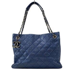 Auth CHANEL Matelasse - Navy Grained Shiny Calfskin (Calfskin) Shoulder Bag